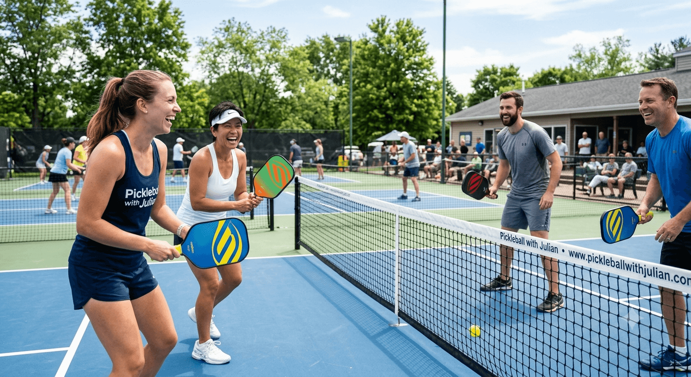 People laughing and playing pickleball indoors near the kitchen line in Nottingham